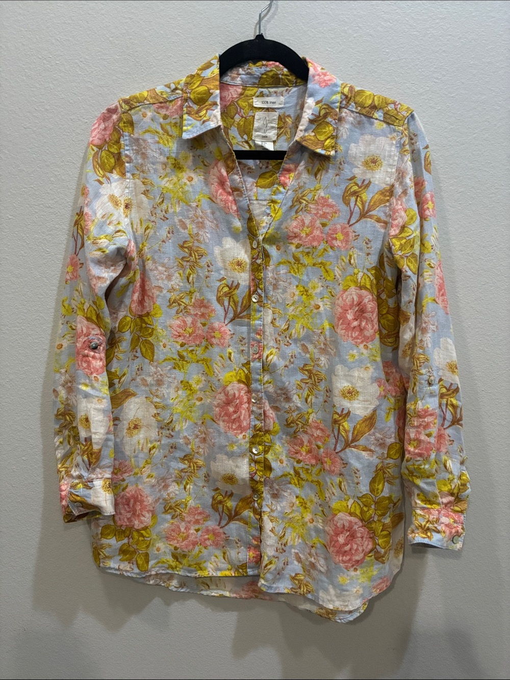 Joie Light Blue Floral Button-Down Shirt with Pink & Yellow Blooms 100% Linen